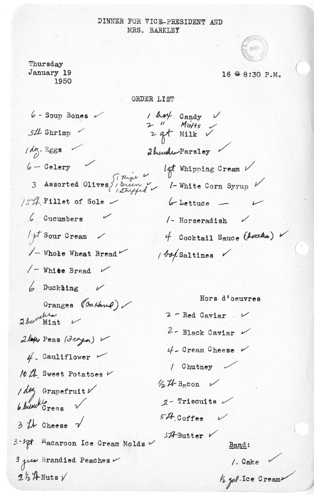Shopping List for Dinner for Vice-President and Mrs. Barkley