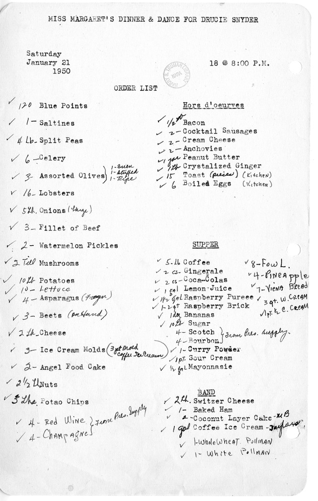 Shopping List for Miss Margaret's Dinner & Dance for Drucie Snyder