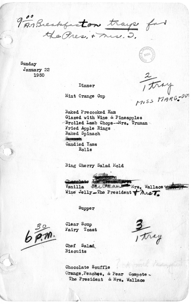 White House Dinner and Supper Menu