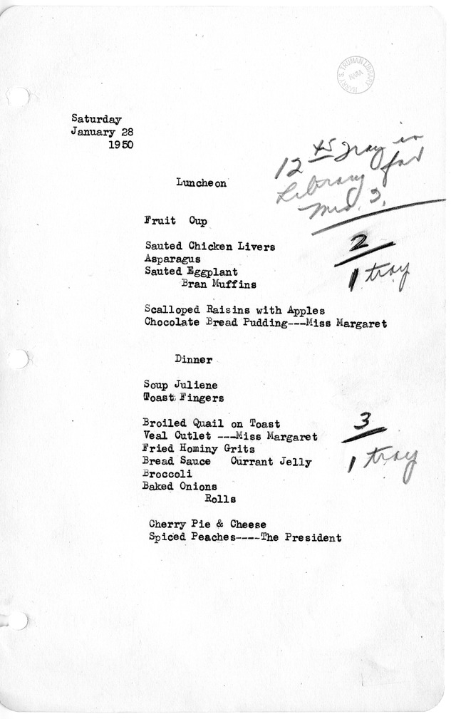 White House Luncheon and Dinner Menu