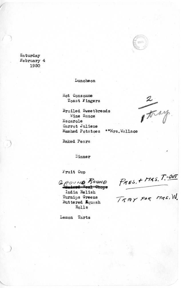 White House Luncheon and Dinner Menu