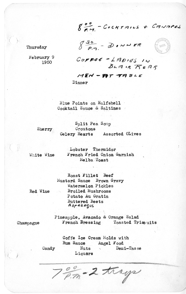 White House Dinner Menu for Dinner in Honor of Vice President and Mrs. Alben Barkley