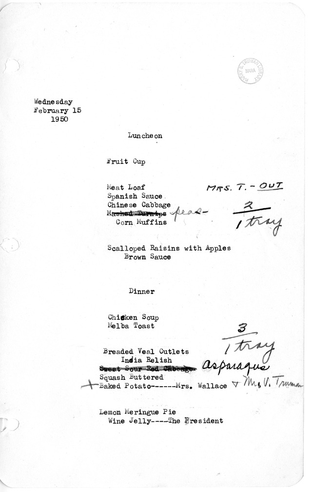 White House Luncheon and Dinner Menu