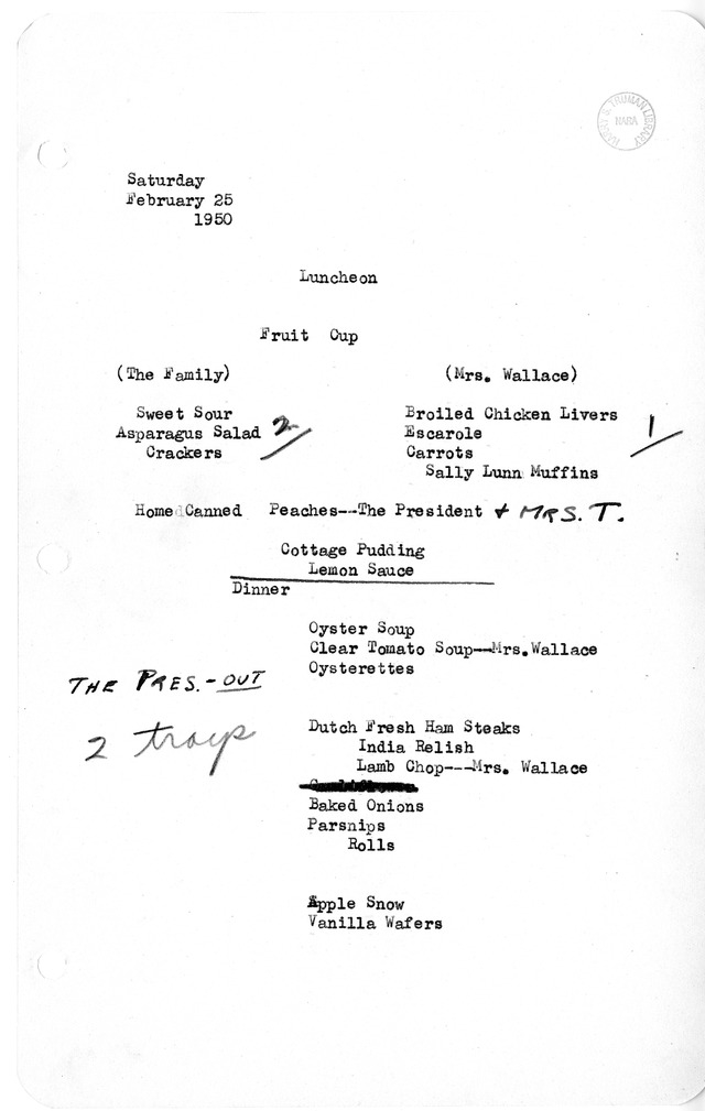 White House Luncheon and Dinner Menu