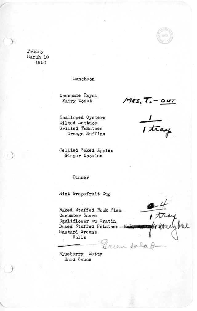 White House Luncheon and Dinner Menu