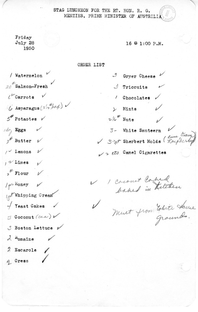 Shopping List for Stag Luncheon for the Right Honorable R. G. Menzies, Prime Minister of Australia