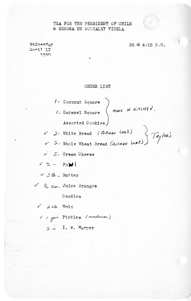 Shopping List for Tea for the President of Chile & Senora de Gonzalez Videla