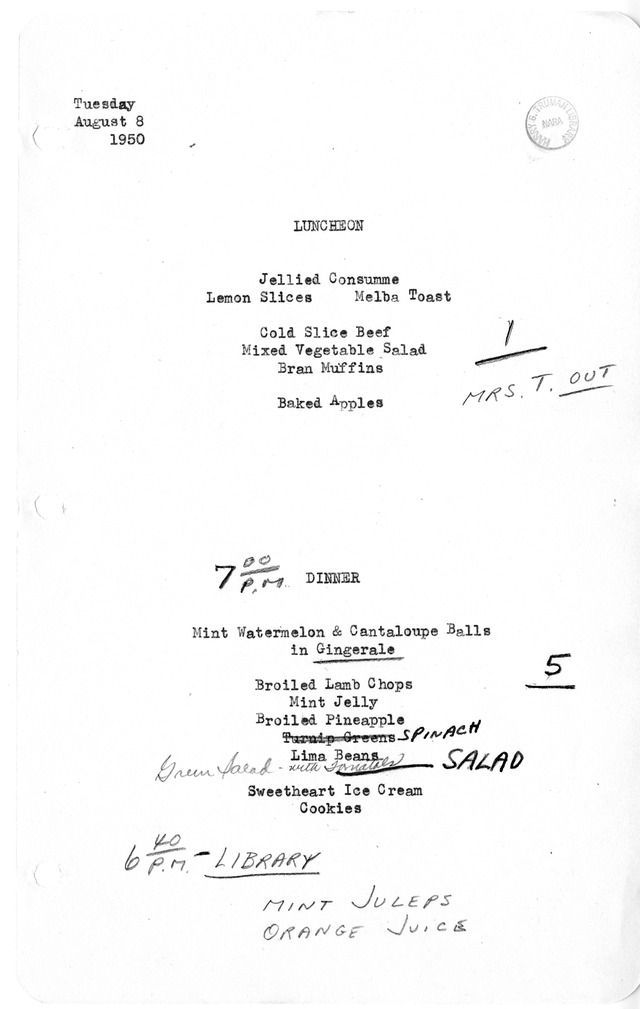 White House Luncheon and Dinner Menu