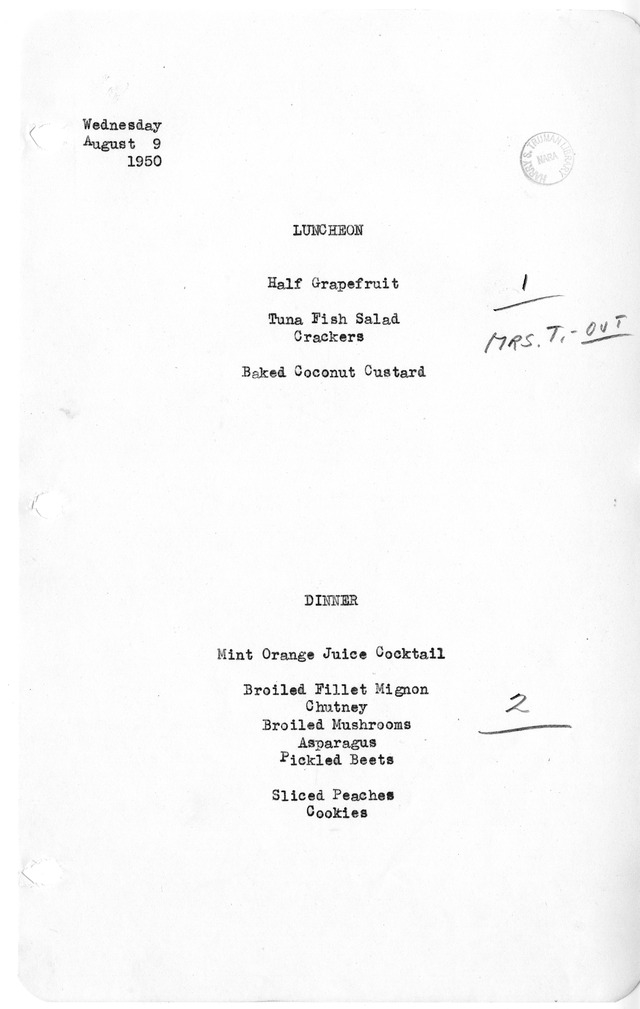 White House Luncheon and Dinner Menu