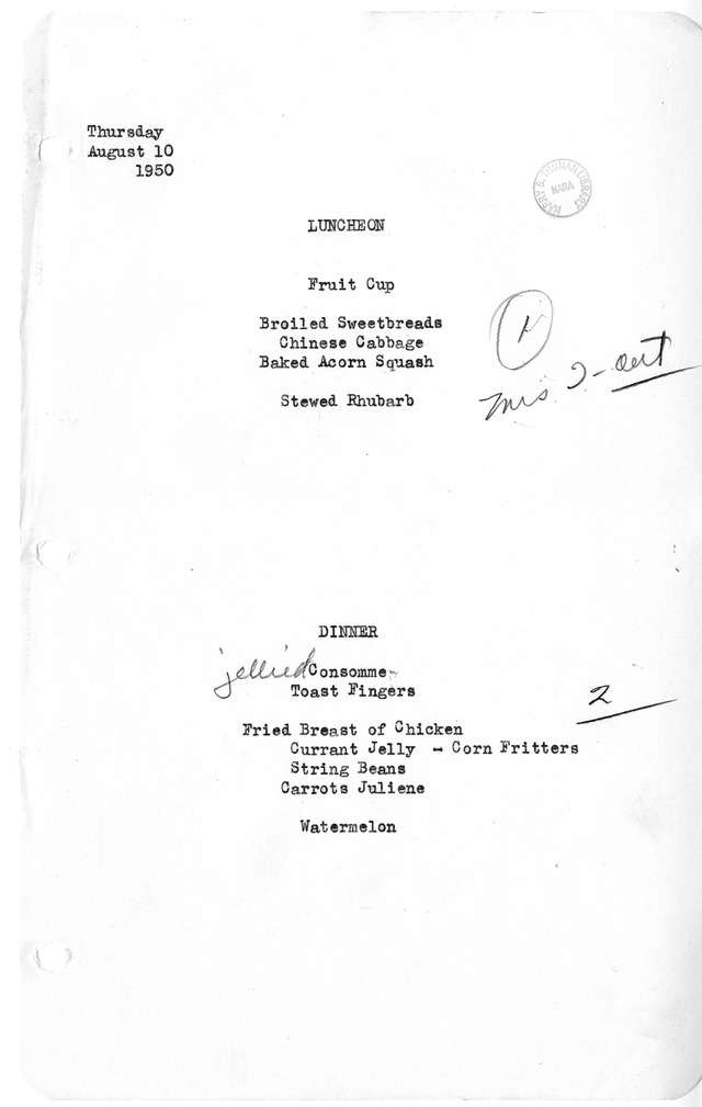 White House Luncheon and Dinner Menu
