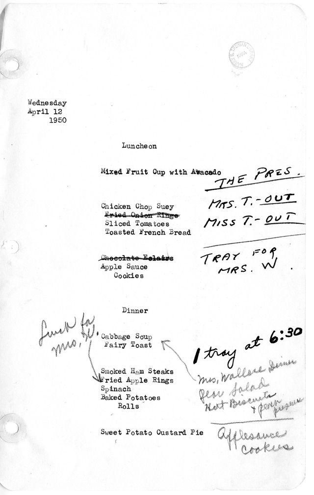 White House Luncheon and Dinner Menu