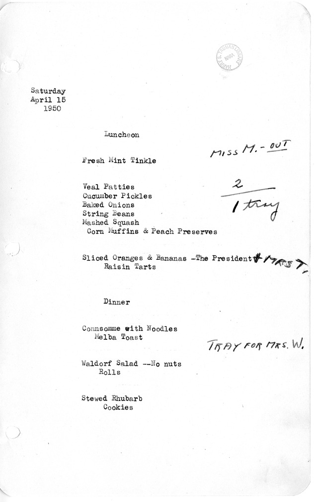 White House Luncheon and Dinner Menu