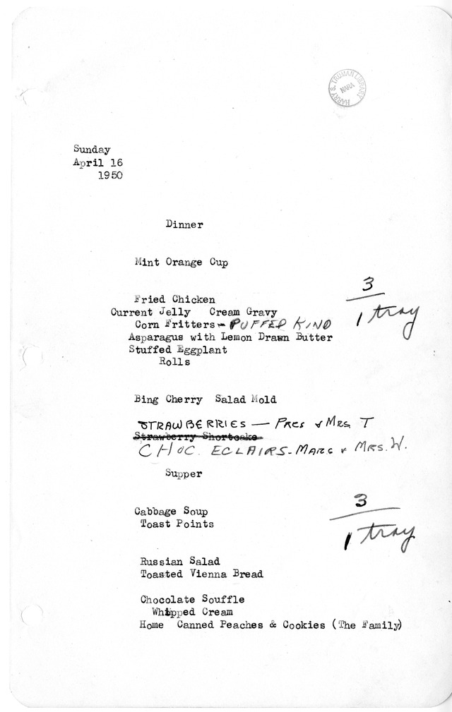 White House Dinner and Supper Menu