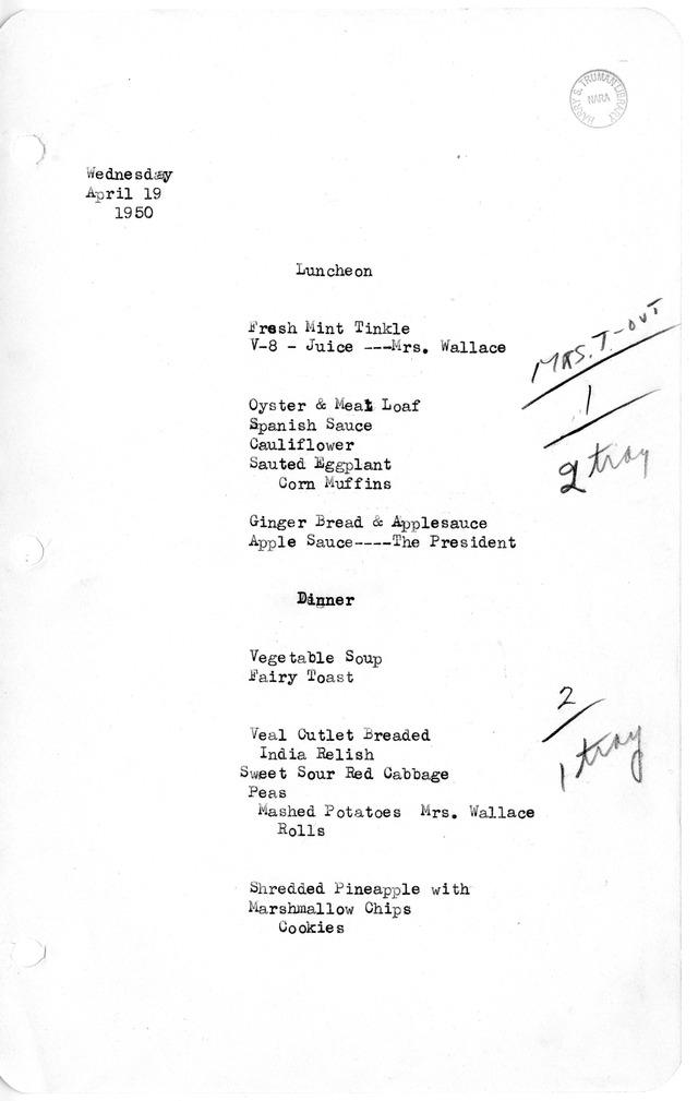White House Luncheon and Dinner Menu