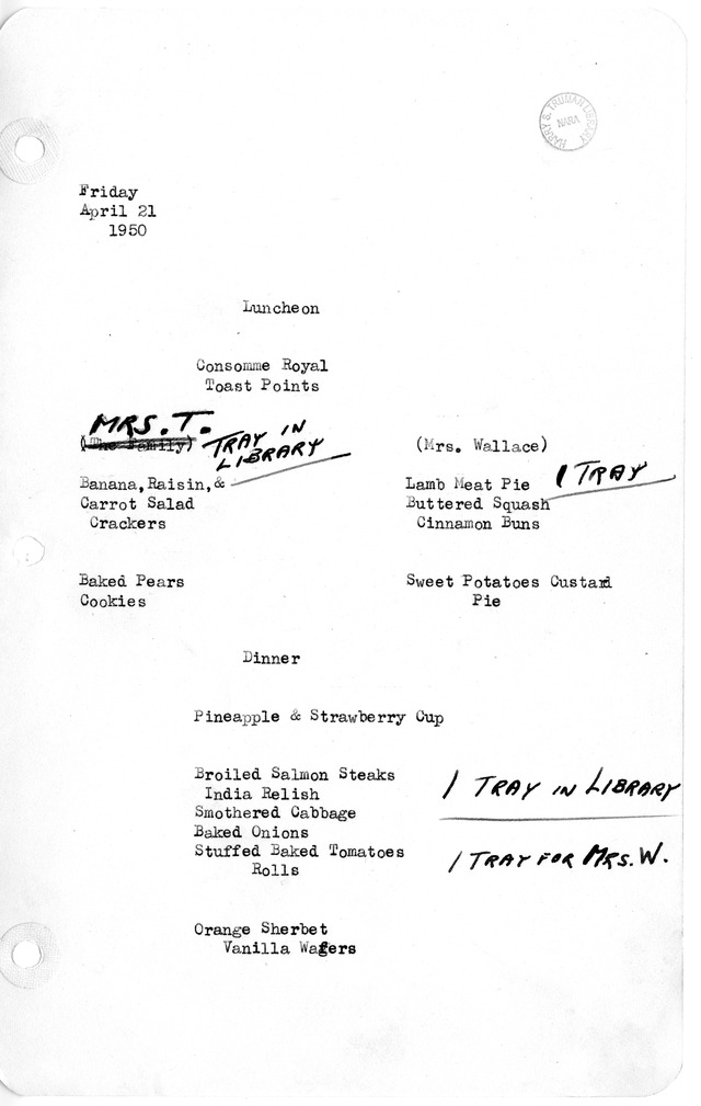 White House Luncheon and Dinner Menu