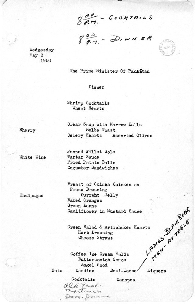 White House Dinner Menu for the Prime Minister of Pakistan