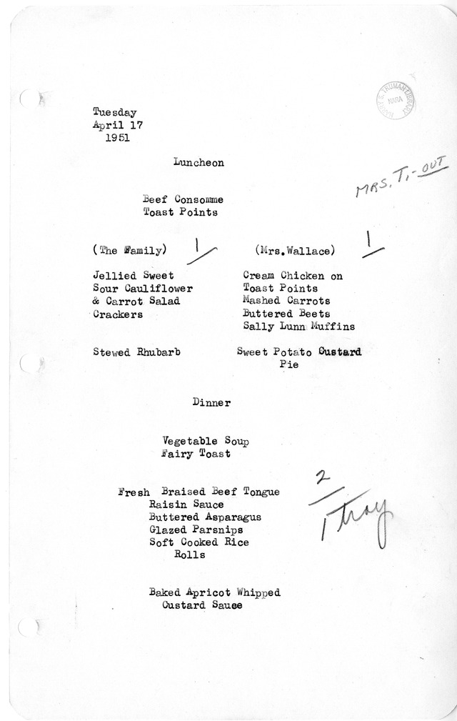 White House Luncheon and Dinner Menu