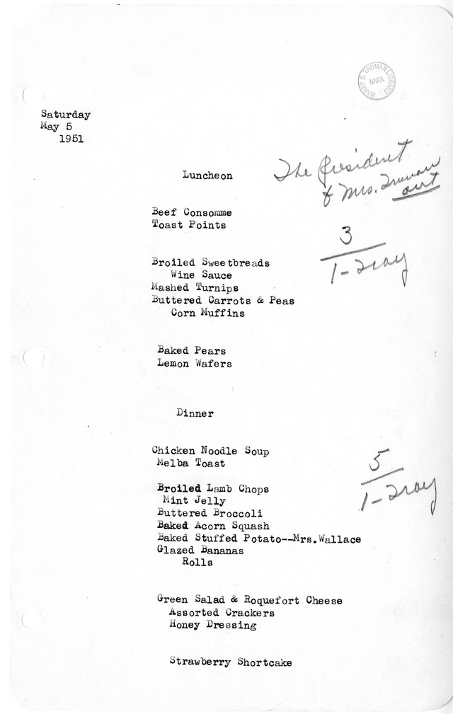 White House Luncheon and Dinner Menu
