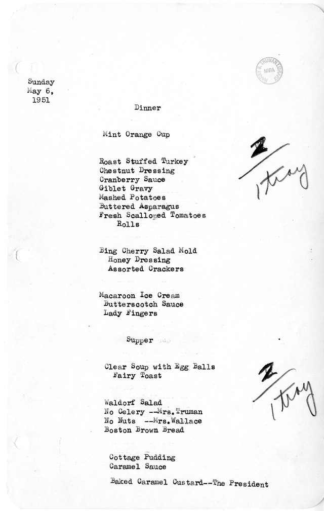 White House Dinner and Supper Menu