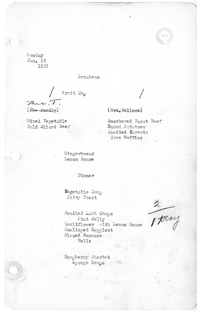 White House Luncheon and Dinner Menu