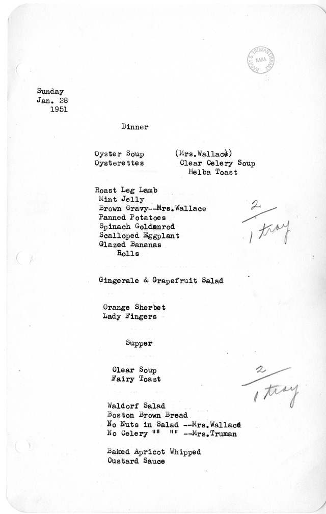 White House Dinner and Supper Menu