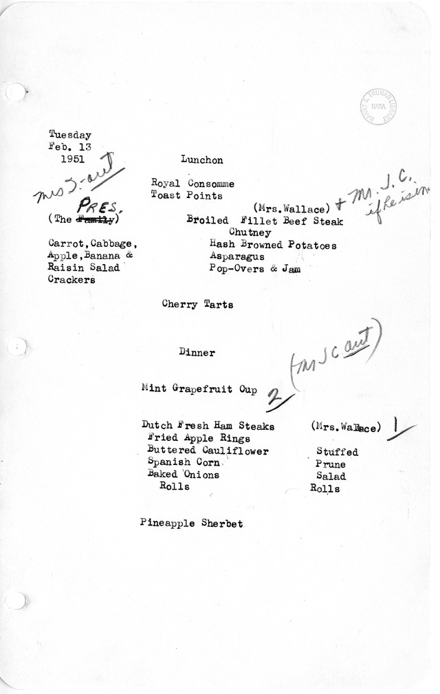 White House Luncheon and Dinner Menu