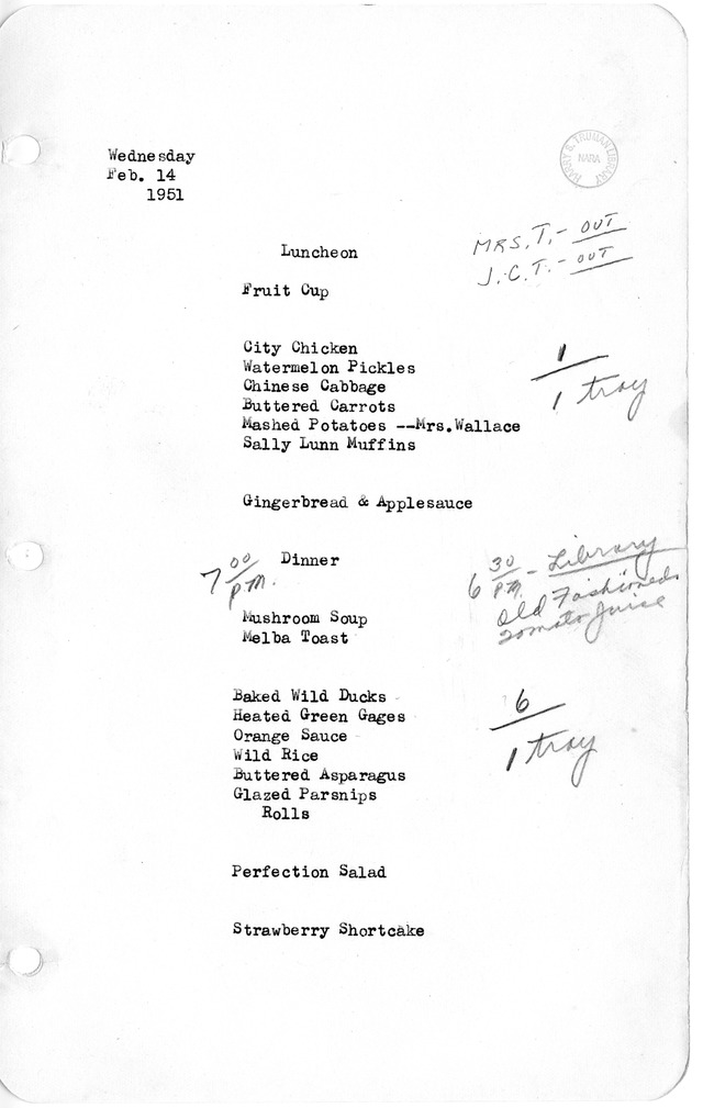 White House Luncheon and Dinner Menu