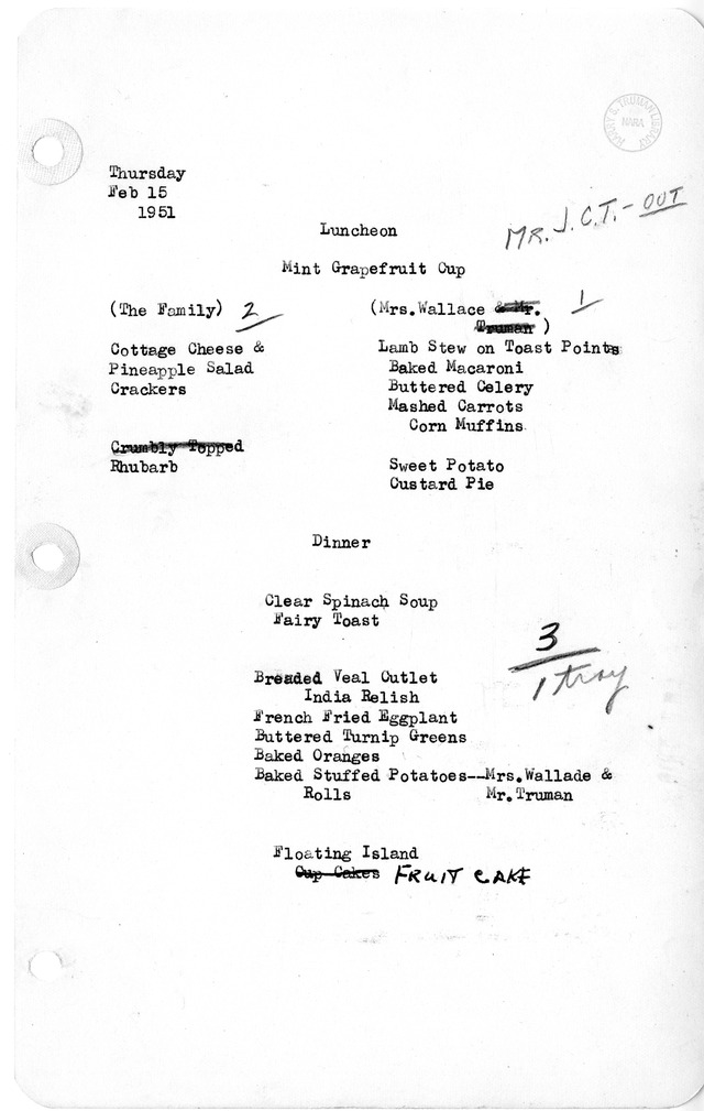 White House Luncheon and Dinner Menu