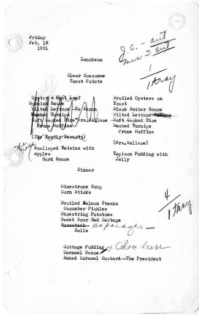 White House Luncheon and Dinner Menu