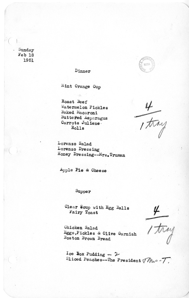 White House Dinner and Supper Menu