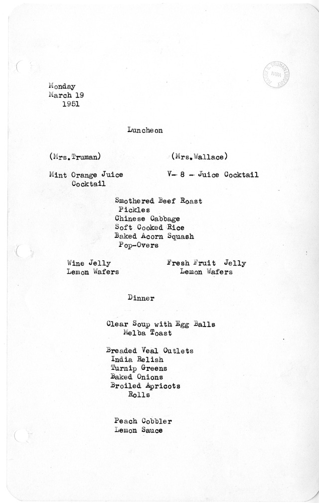 White House Luncheon and Dinner Menu