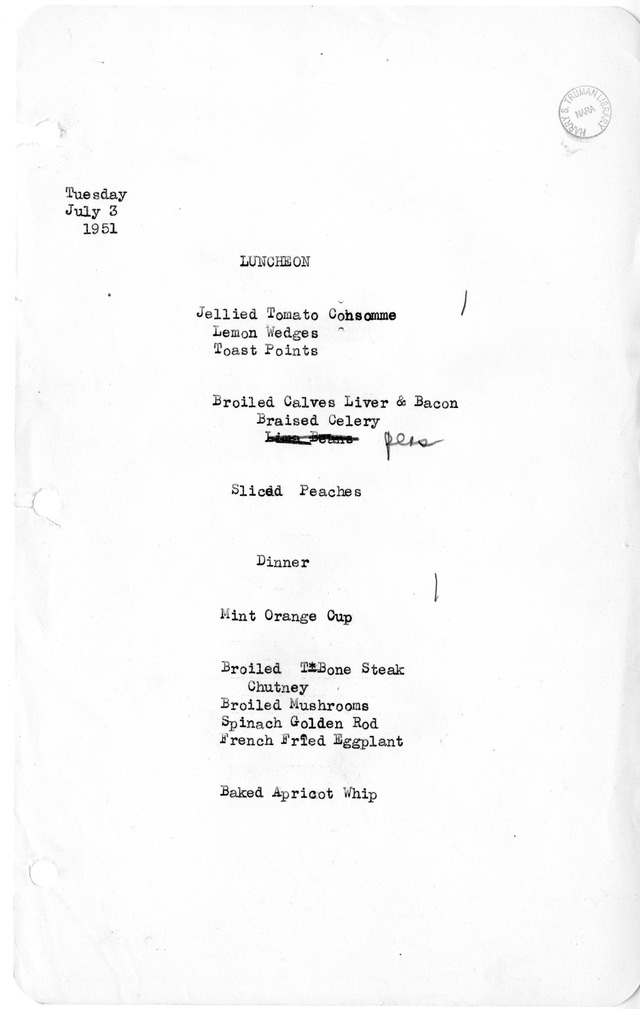 White House Luncheon and Dinner Menu