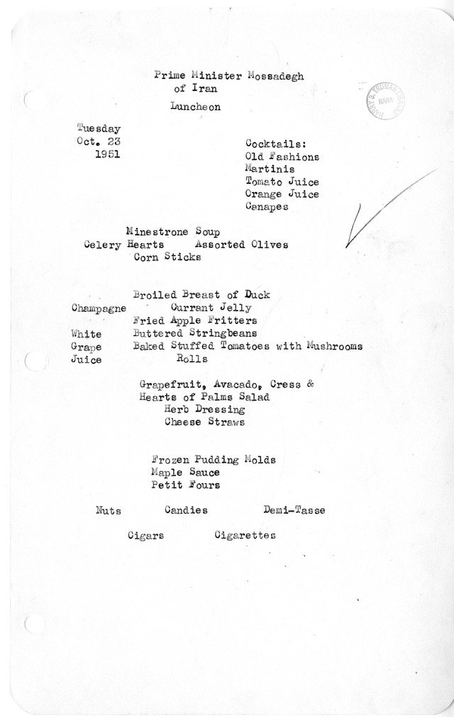 White House Luncheon Menu for the Prime Minister of Iran