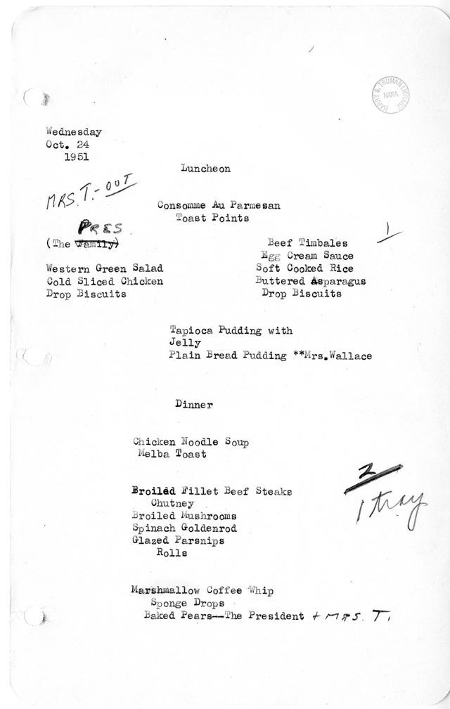 White House Luncheon and Dinner Menu