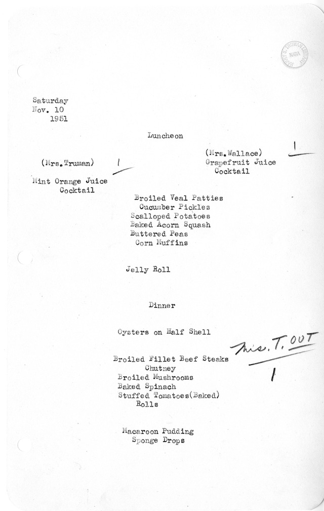 White House Luncheon and Dinner Menu