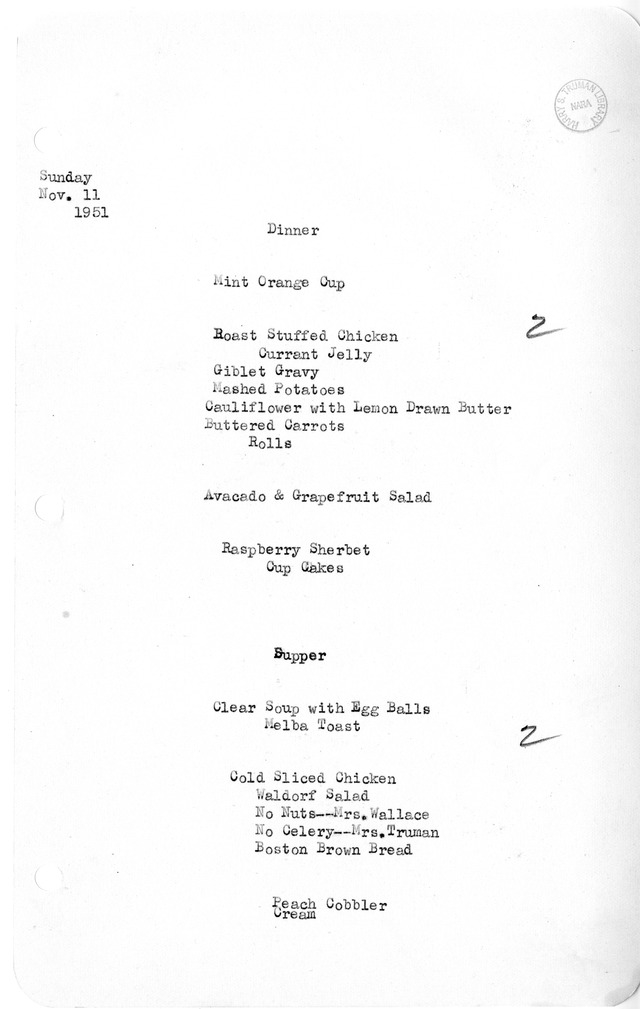 White House Dinner and Supper Menu