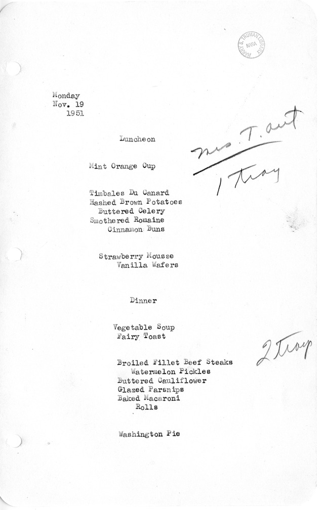 White House Luncheon and Dinner Menu