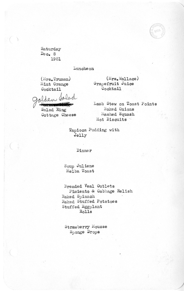 White House Luncheon and Dinner Menu