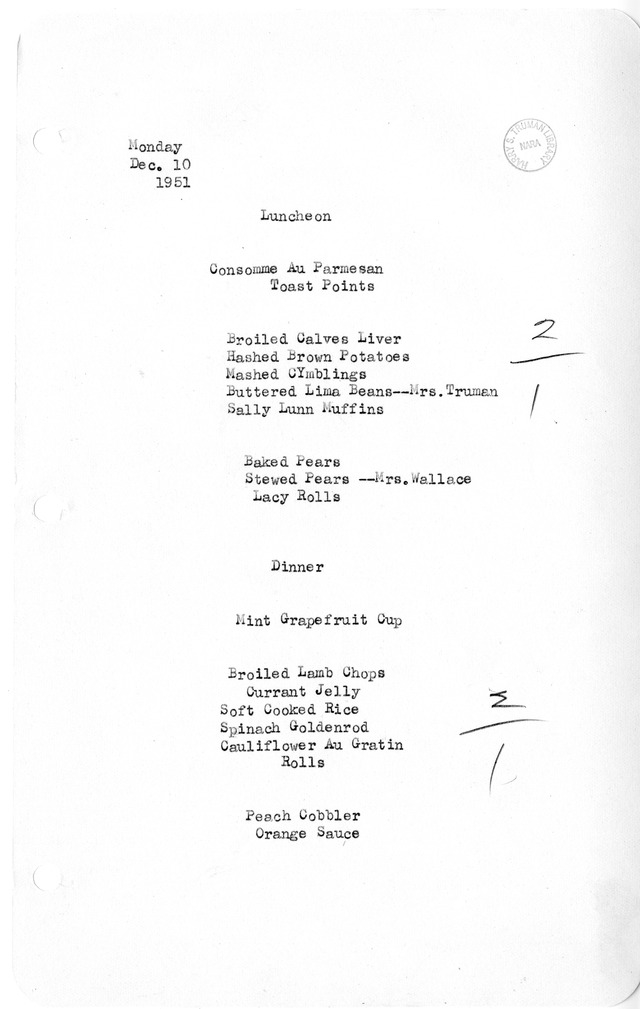 White House Luncheon and Dinner Menu