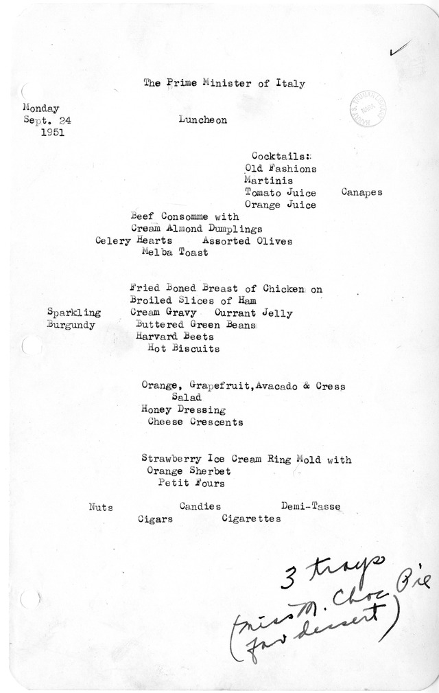 White House Luncheon Menu for the Prime Minister of Italy