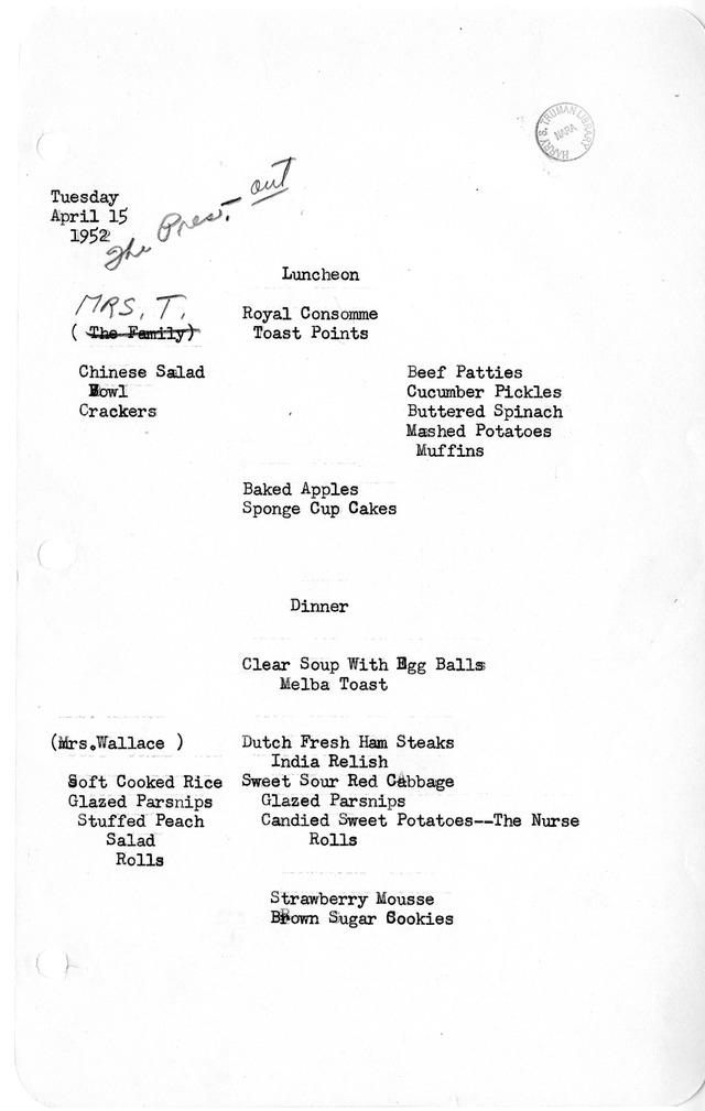 White House Luncheon and Dinner Menu