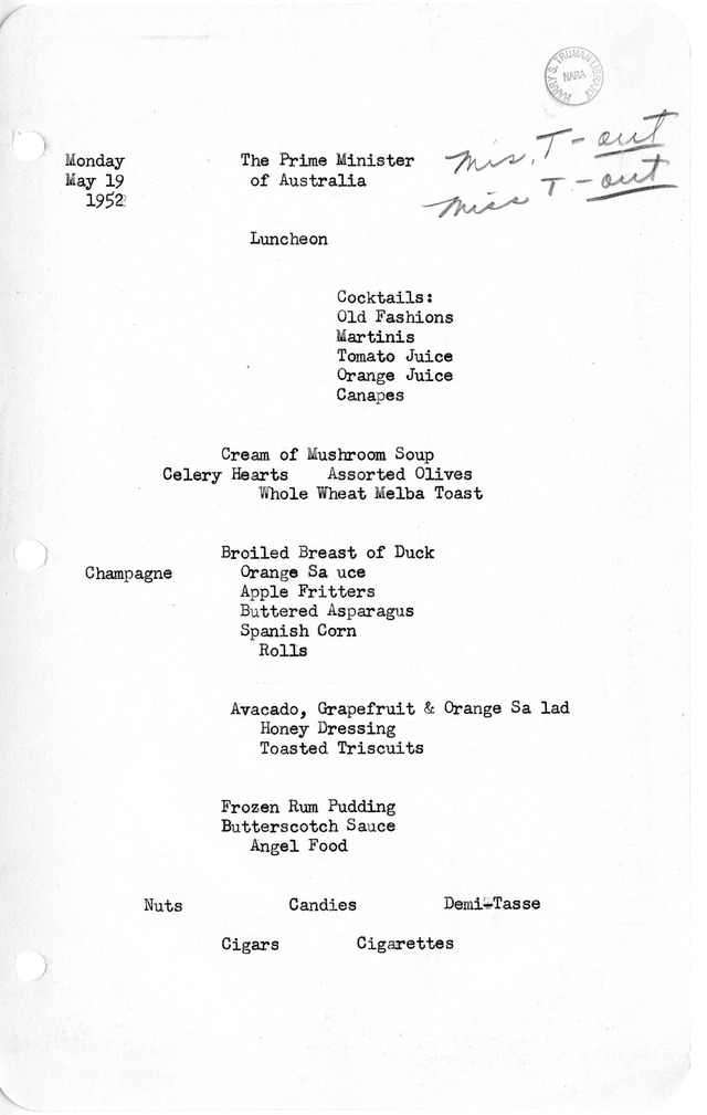 White House Menu for Luncheon for the Prime Minister of Australia