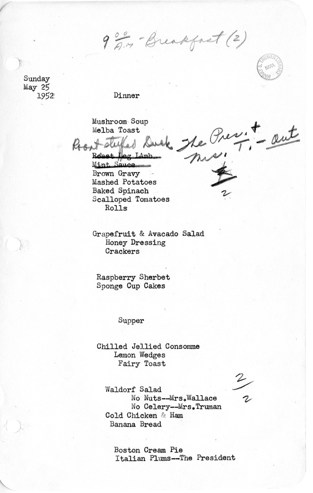 White House Dinner and Supper Menu