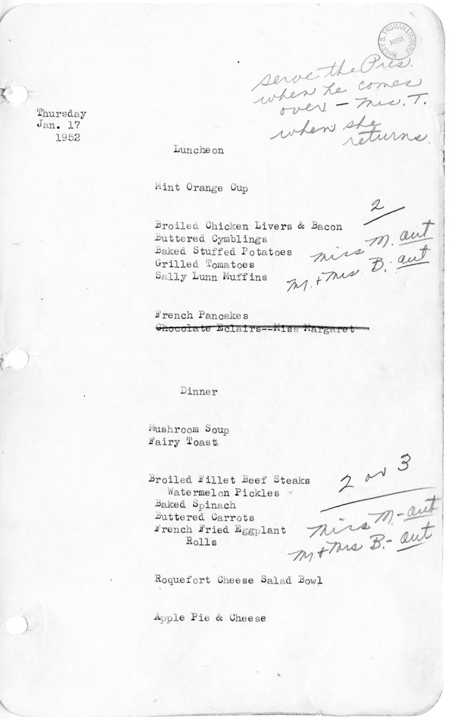 White House Luncheon and Dinner Menu