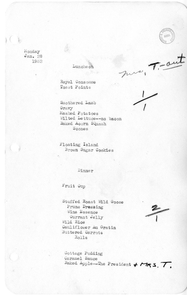 White House Luncheon and Dinner Menu