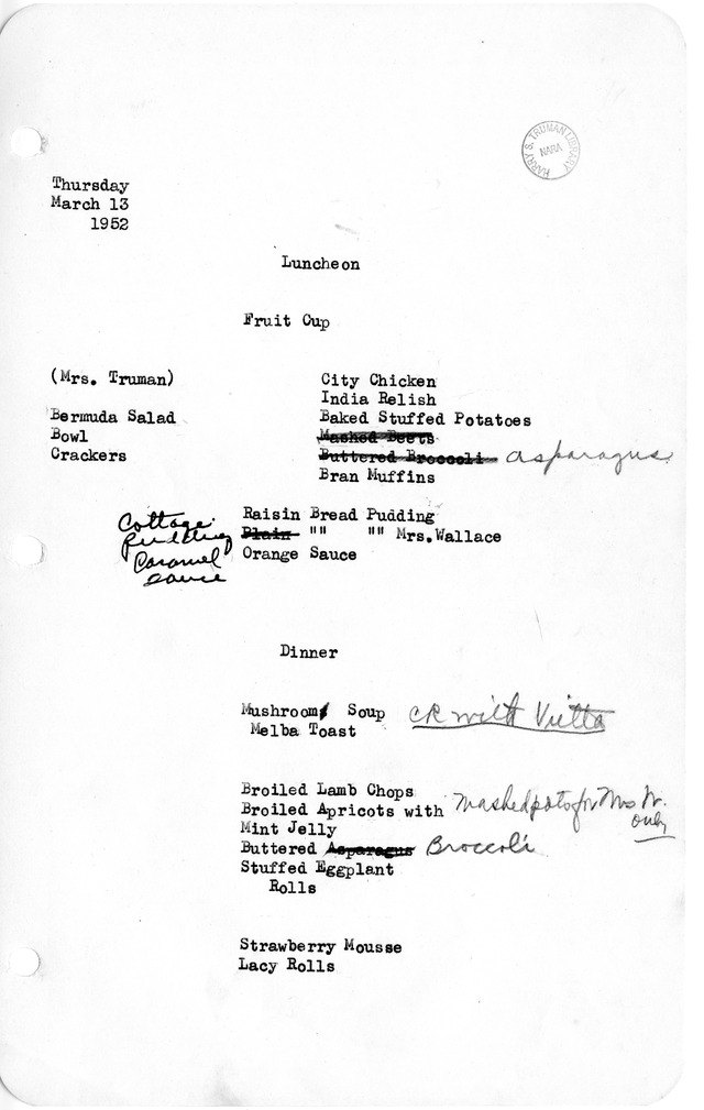 White House Luncheon and Dinner Menu