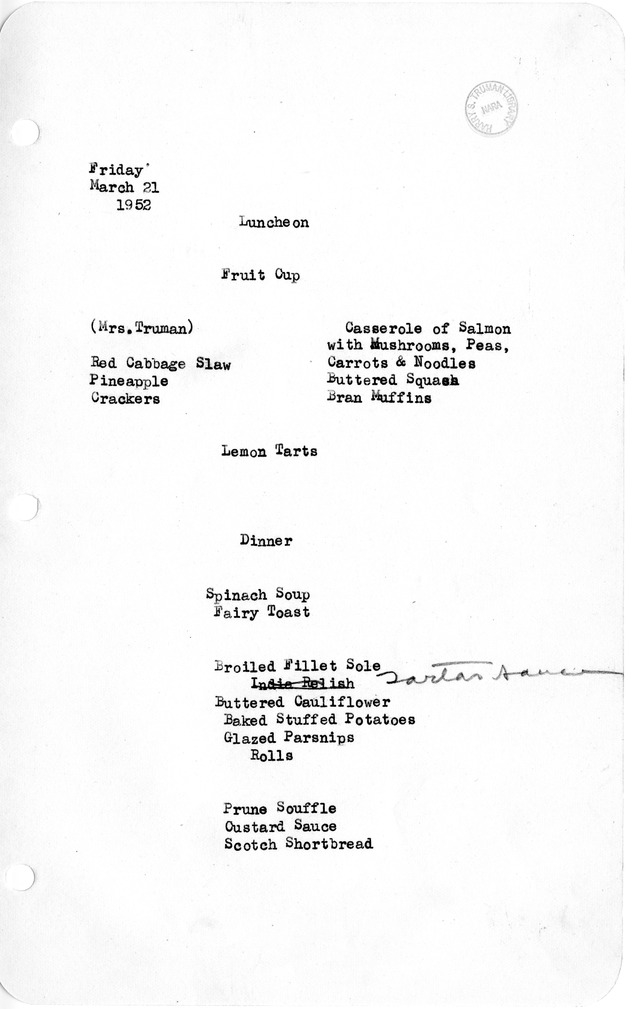 White House Luncheon and Dinner Menu