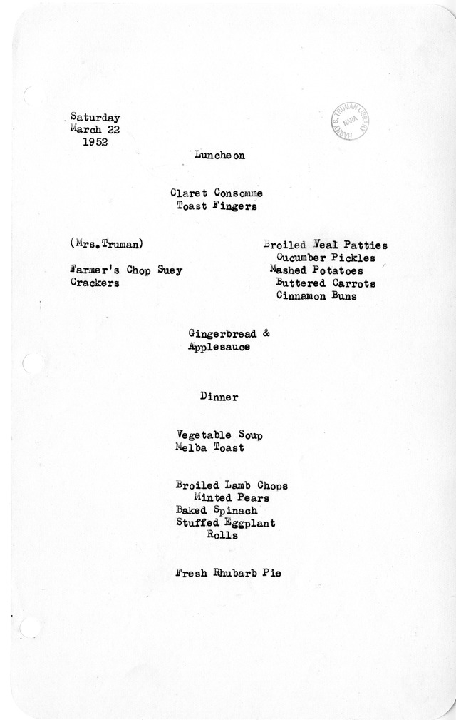 White House Luncheon and Dinner Menu