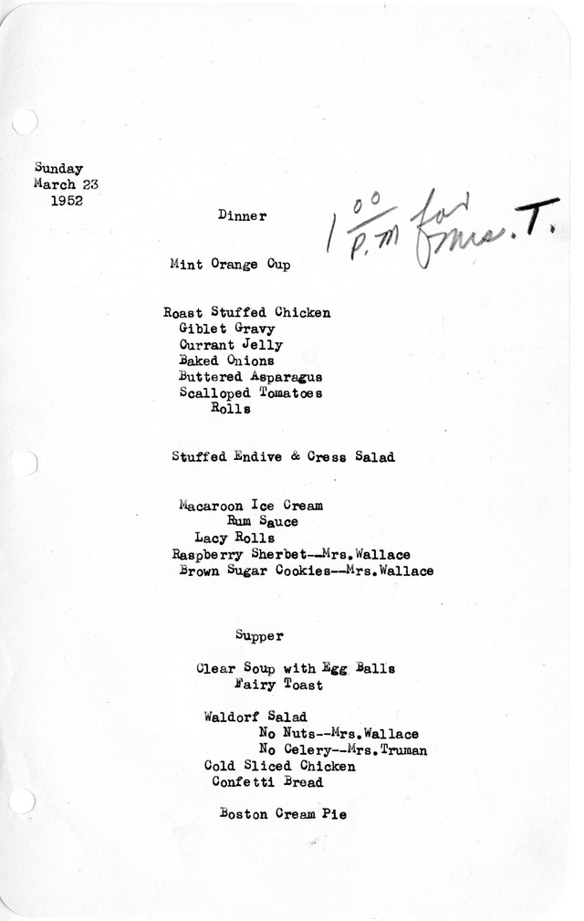 White House Dinner and Supper Menu