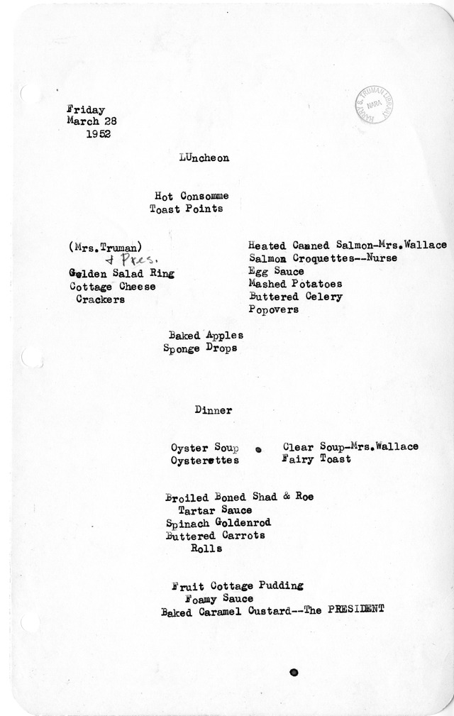 White House Luncheon and Dinner Menu